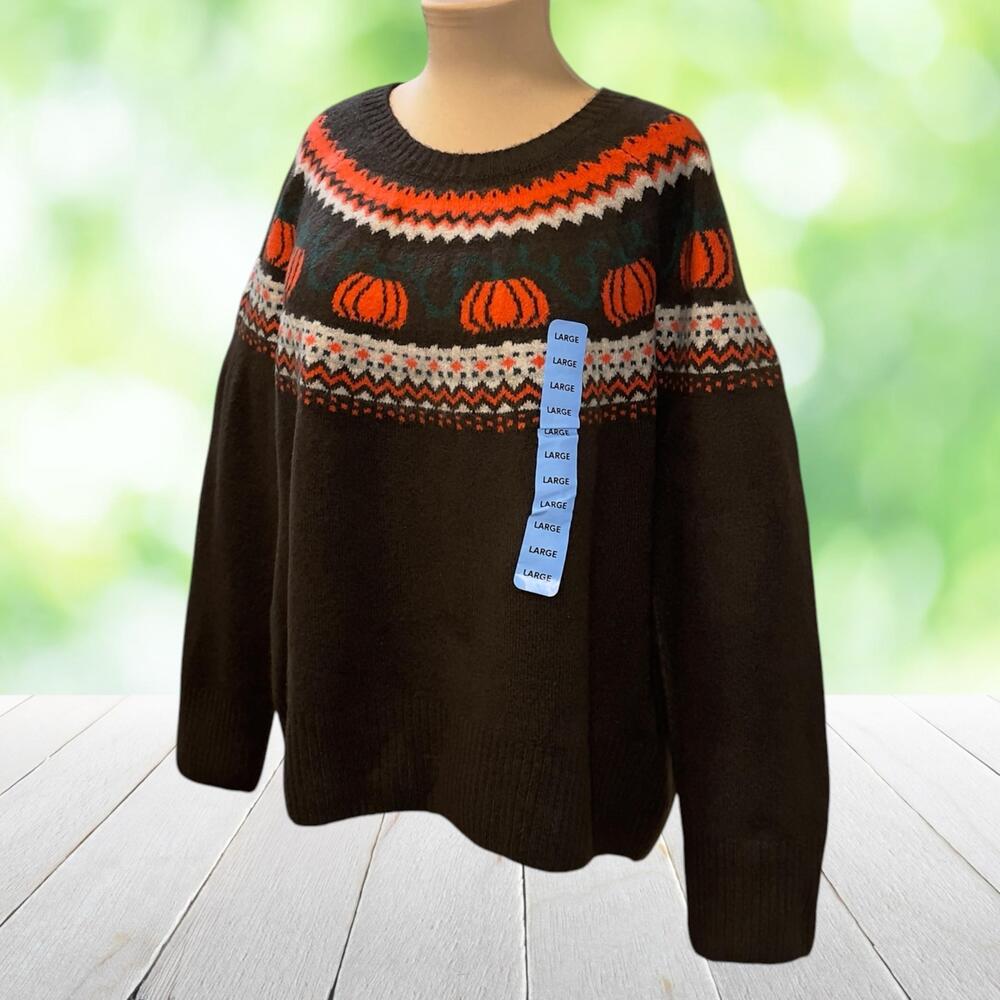 New VINCE CAMUTO Fall Sweater Halloween Pumpkin Fair Isle Brown Pullover Size L